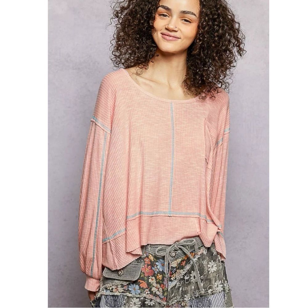 POL Blush Pink Ribbed Oversized Top Exposed Seam Pocket Boho Long Sleeve Med NEW